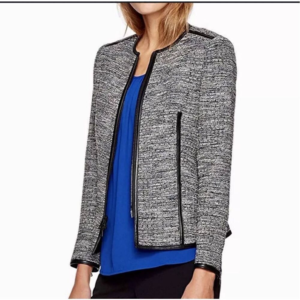 ANNE KLEIN Tweed Jacket FauxโLeather Trim Size 10 Zip Up Blazer Office Workwear